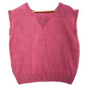 VTG Hand Knit Sweater Vest Rose Pink Pointelle Chevron Scoop Neck Handmade 80s
